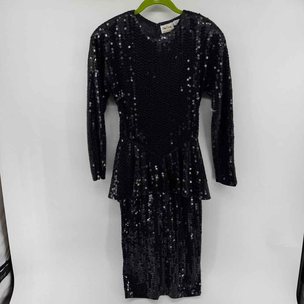 VTG Oleg Cassini Black Sequin Peplum Cocktail Dress Long Sleeve Size 6 80s